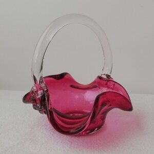 Vintage Cranberry Glass Basket with Clear Handle